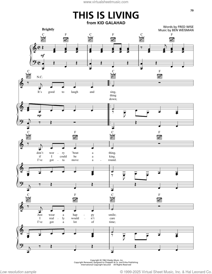 This Is Living sheet music for voice, piano or guitar by Elvis Presley, Ben Weisman and Fred Wise, intermediate skill level