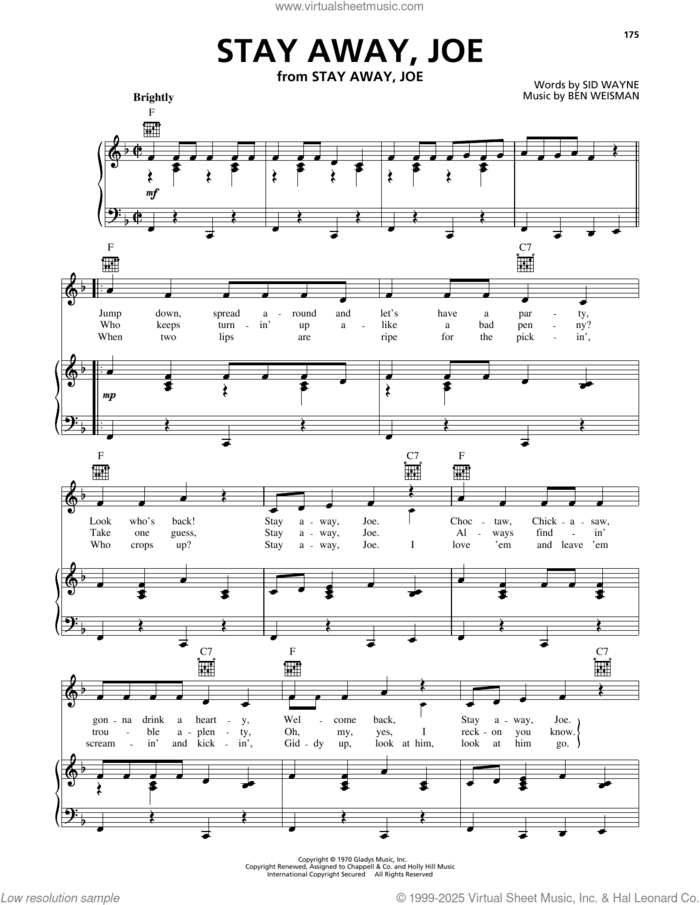 Stay Away, Joe sheet music for voice, piano or guitar by Elvis Presley, Ben Weisman and Sid Wayne, intermediate skill level