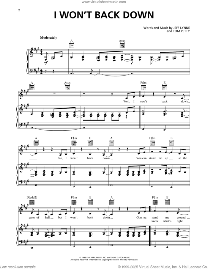 I Won't Back Down sheet music for voice, piano or guitar by Johnny Cash, Jeff Lynne and Tom Petty, intermediate skill level