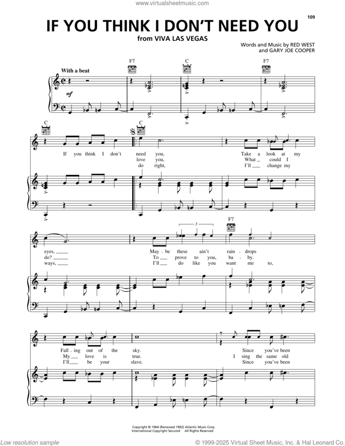 If You Think I Don't Need You sheet music for voice, piano or guitar by Elvis Presley, Gary Joe Cooper and Red West, intermediate skill level