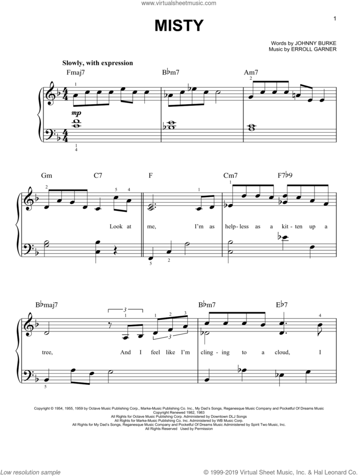 Misty, (easy) sheet music for piano solo by Erroll Garner and John Burke, easy skill level