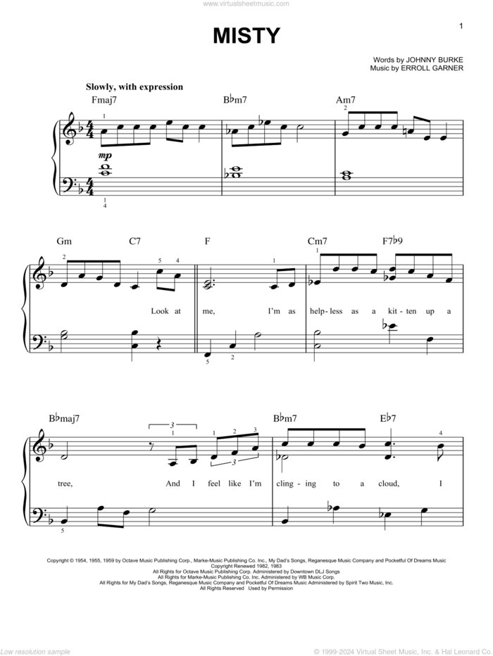 Misty, (easy) sheet music for piano solo by Erroll Garner and John Burke, easy skill level