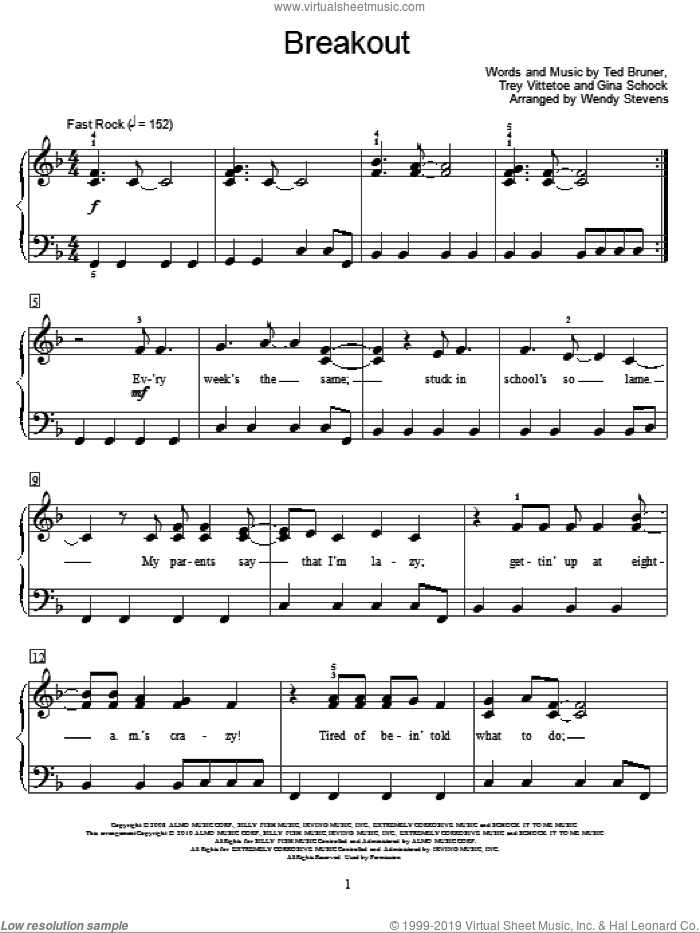 Breakout sheet music for piano solo (elementary) by Miley Cyrus, Wendy Stevens, Miscellaneous, Gina Schock, Ted Bruner and Trey Vittetoe, beginner piano (elementary)