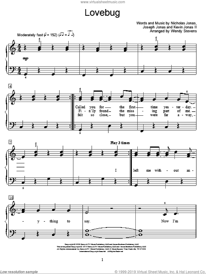 Lovebug sheet music for piano solo (elementary) by Jonas Brothers, Wendy Stevens, Miscellaneous, Joseph Jonas, Kevin Jonas II and Nicholas Jonas, beginner piano (elementary)