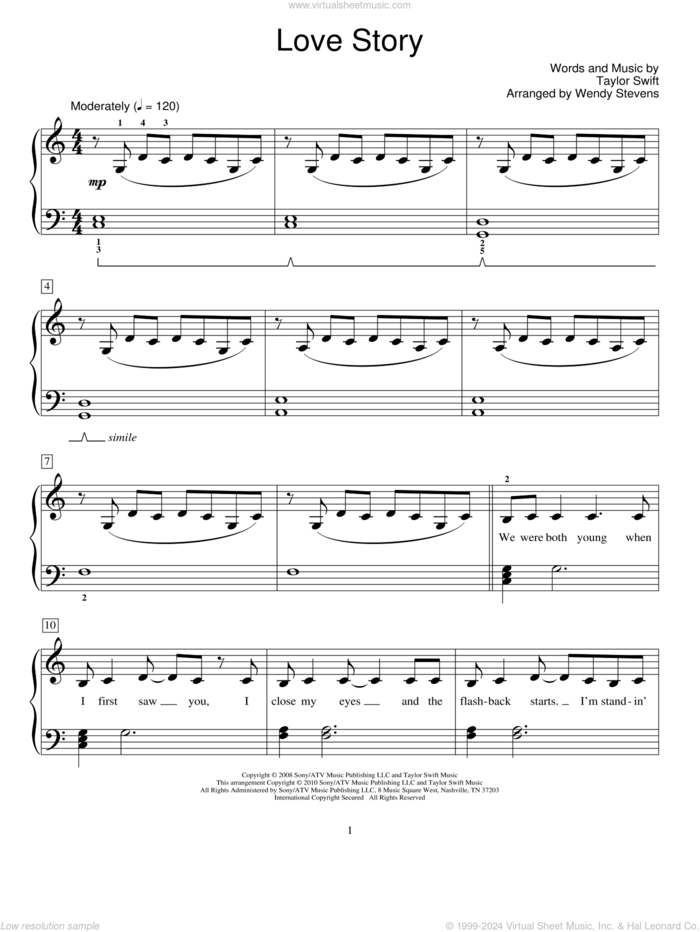 Love Story sheet music for piano solo (elementary) by Taylor Swift, Wendy Stevens and Miscellaneous, beginner piano (elementary)