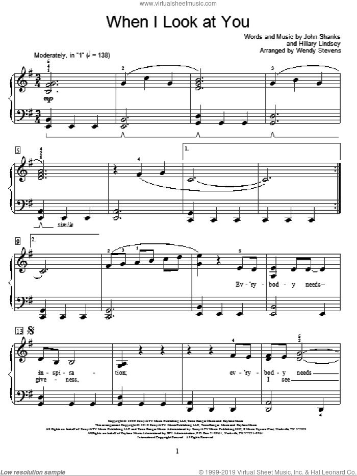 When I Look At You sheet music for piano solo (elementary) by Miley Cyrus, Wendy Stevens, Miscellaneous, Hillary Lindsey and John Shanks, beginner piano (elementary)