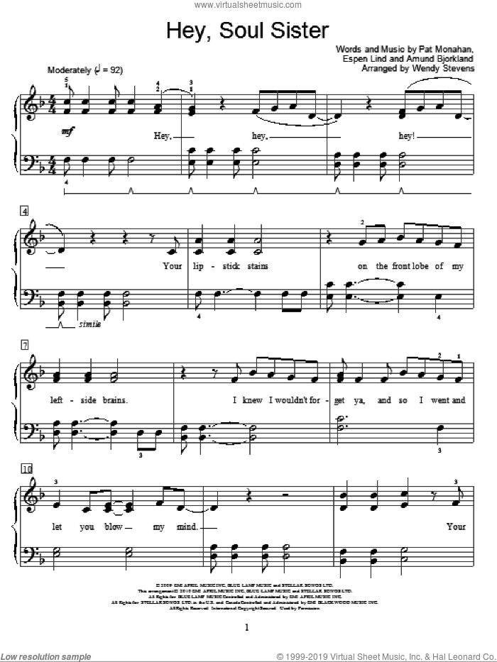 Hey, Soul Sister sheet music for piano solo (elementary) by Train, Wendy Stevens, Miscellaneous, Amund Bjorklund, Espen Lind and Pat Monahan, beginner piano (elementary)