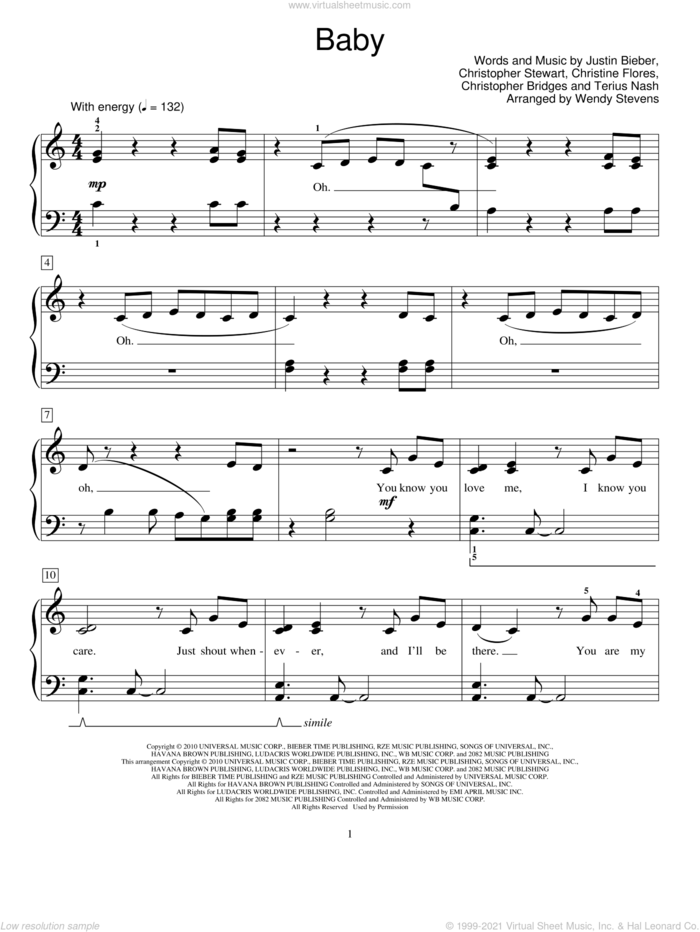 Baby sheet music for piano solo (elementary) by Justin Bieber featuring Ludacris, Wendy Stevens, Miscellaneous, Christine Flores, Christopher Bridges, Christopher Stewart, Justin Bieber and Terius Nash, beginner piano (elementary)