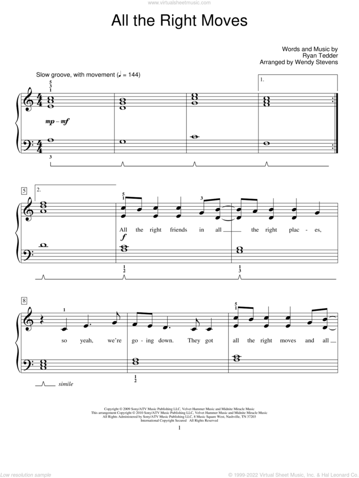 All The Right Moves sheet music for piano solo (elementary) by OneRepublic, Wendy Stevens, Miscellaneous and Ryan Tedder, beginner piano (elementary)