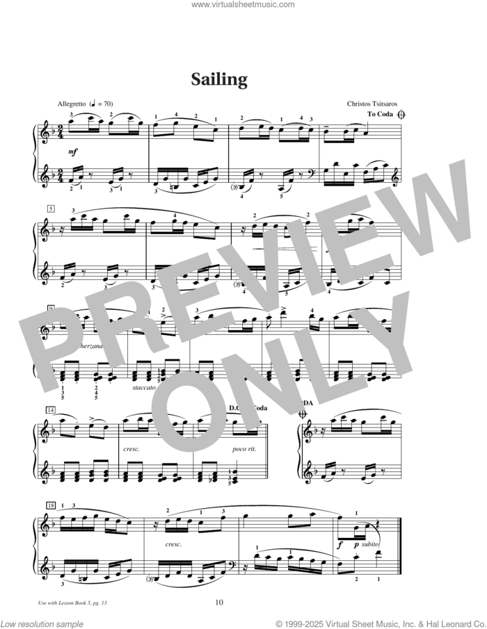 Sailing sheet music for piano solo (elementary) by Christos Tsitsaros, beginner piano (elementary)