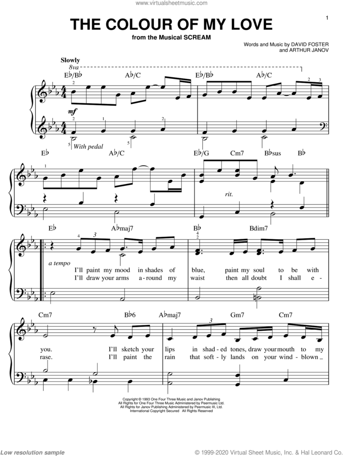 The Colour Of My Love sheet music for piano solo by Celine Dion, Arthur Janov and David Foster, easy skill level