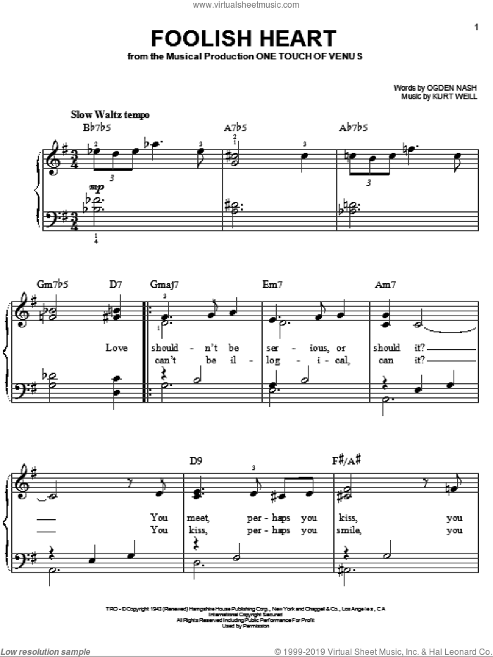 Foolish Heart sheet music for piano solo by Kurt Weill and Ogden Nash, easy skill level