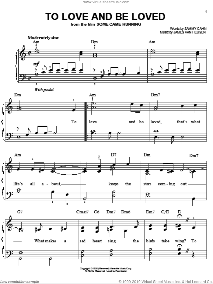 To Love And Be Loved sheet music for piano solo by Frank Sinatra, Jimmy van Heusen and Sammy Cahn, easy skill level