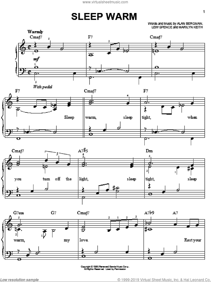 Sleep Warm sheet music for piano solo by Dean Martin, Frank Sinatra, Alan Bergman, Lew Spence and Marilyn Keith, easy skill level