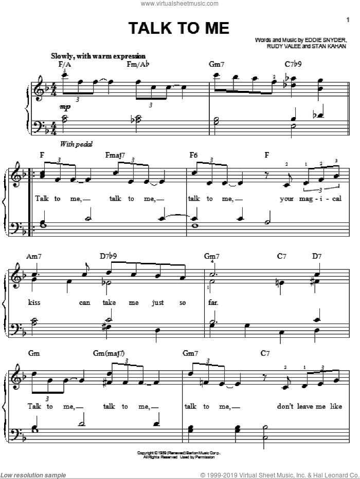 Talk To Me sheet music for piano solo by Frank Sinatra, Eddie Snyder, Rudy Valee and Stan Kahan, easy skill level