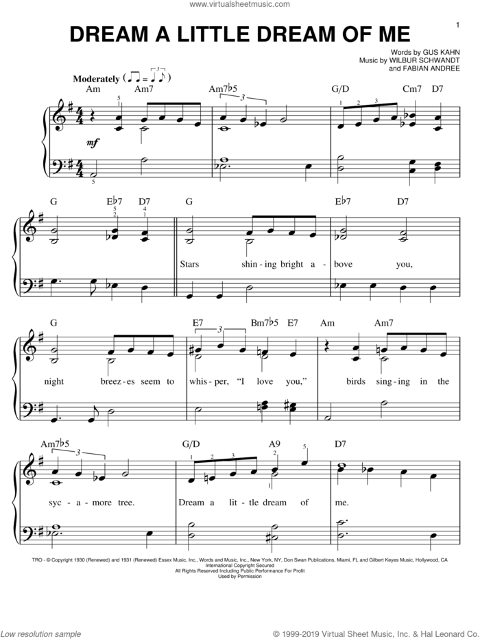 Dream A Little Dream Of Me sheet music for piano solo by Louis Armstrong, The Mamas & The Papas, Fabian Andree, Gus Kahn and Wilbur Schwandt, easy skill level
