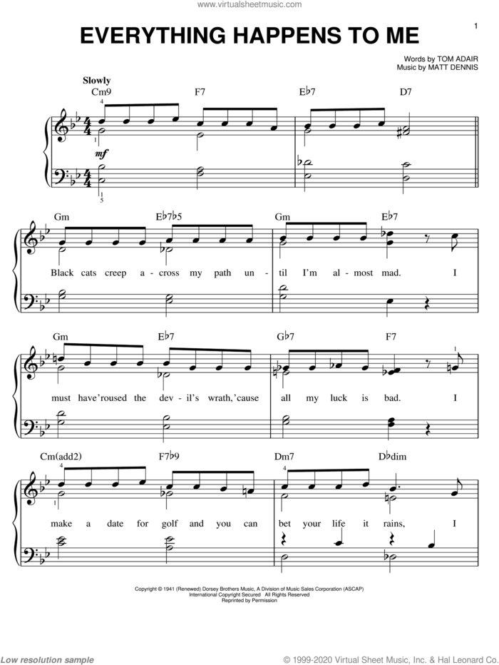 Everything Happens To Me sheet music for piano solo by Frank Sinatra, Matt Dennis and Tom Adair, easy skill level