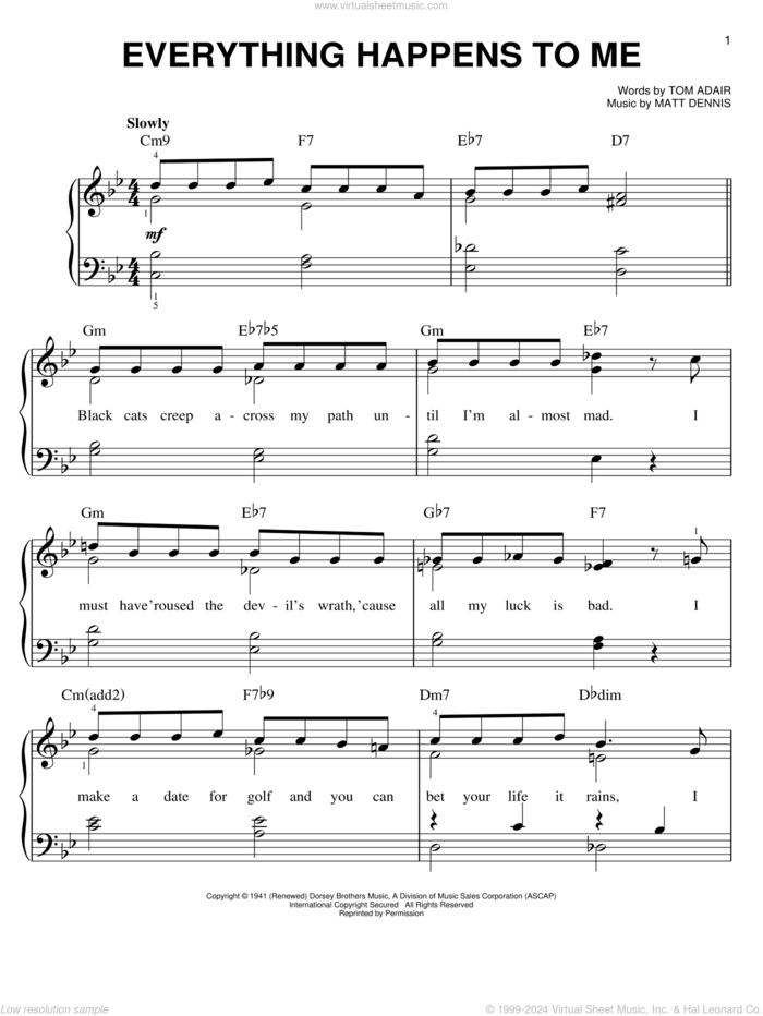 Everything Happens To Me sheet music for piano solo by Frank Sinatra, Matt Dennis and Tom Adair, easy skill level