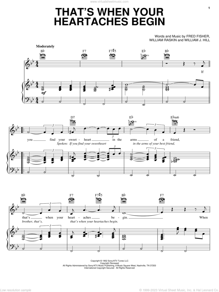 That's When Your Heartaches Begin sheet music for voice, piano or guitar by Elvis Presley, Fred Fisher, William J. Hill and William Raskin, intermediate skill level