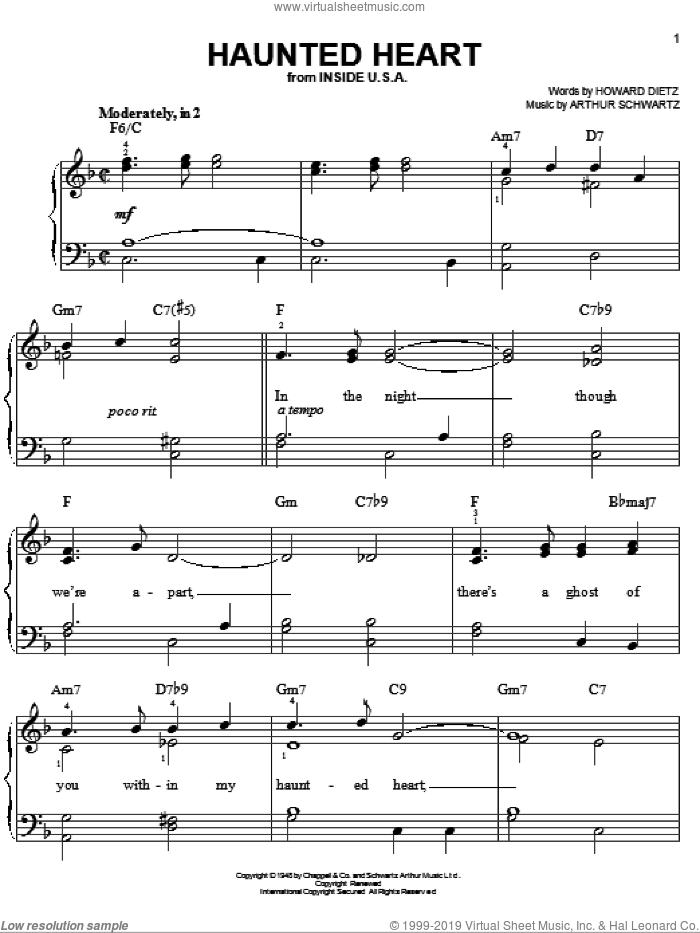 Haunted Heart sheet music for piano solo by Frank Sinatra, Arthur Schwartz and Howard Dietz, easy skill level