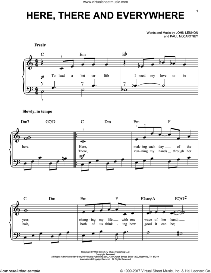 Here, There And Everywhere, (easy) sheet music for piano solo by The Beatles, John Lennon and Paul McCartney, wedding score, easy skill level