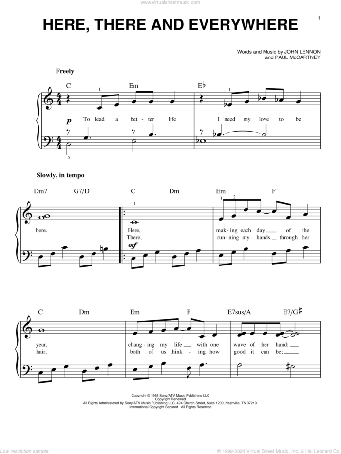 Here, There And Everywhere, (easy) sheet music for piano solo by The Beatles, John Lennon and Paul McCartney, wedding score, easy skill level