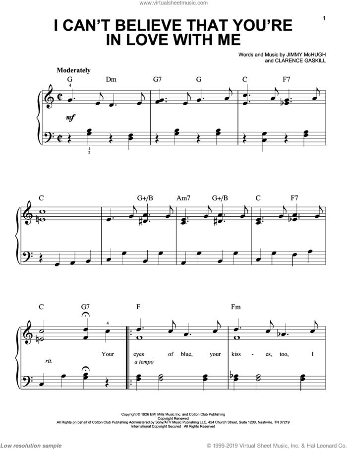 I Can't Believe That You're In Love With Me sheet music for piano solo by Jimmy McHugh and Clarence Gaskill, easy skill level