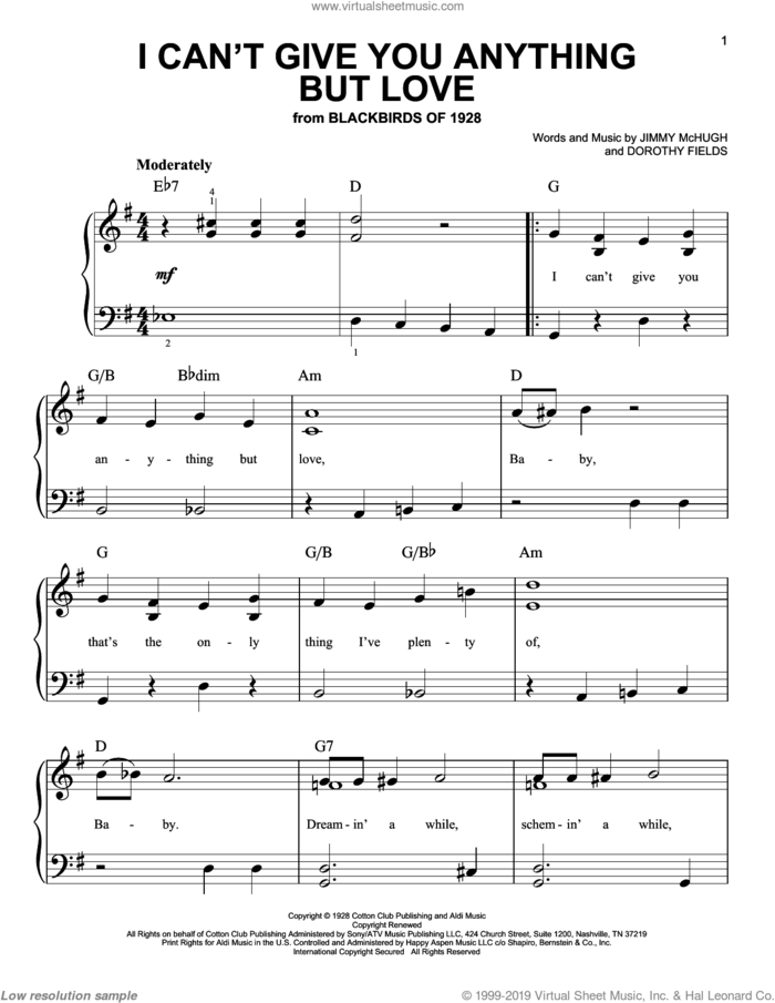 I Can't Give You Anything But Love sheet music for piano solo by Dorothy Fields and Jimmy McHugh, easy skill level