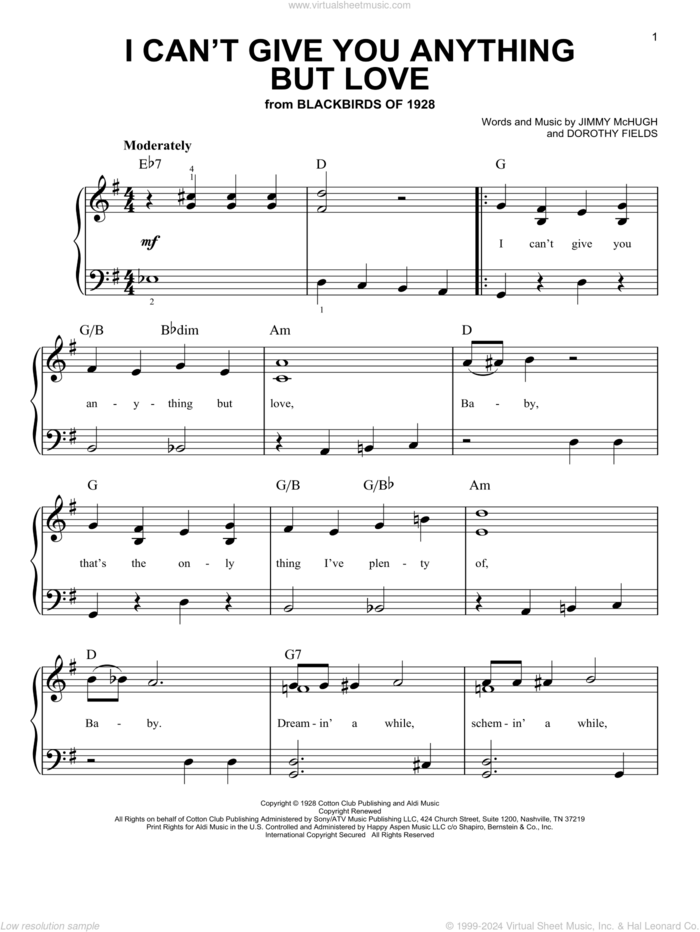 I Can't Give You Anything But Love sheet music for piano solo by Dorothy Fields and Jimmy McHugh, easy skill level