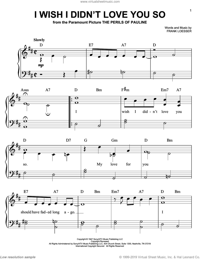 I Wish I Didn't Love You So sheet music for piano solo by Frank Loesser, easy skill level