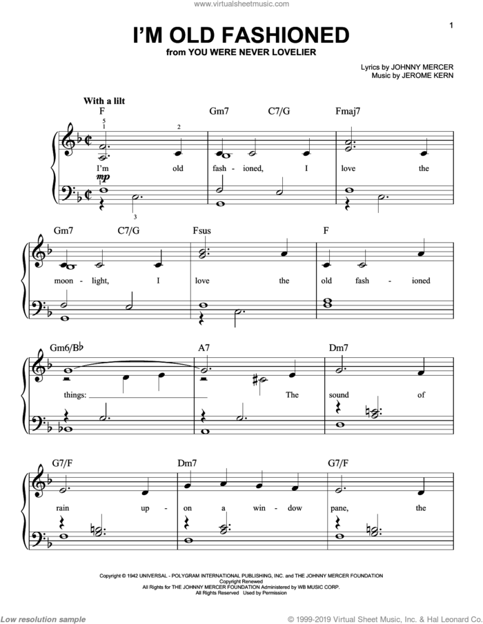 I'm Old Fashioned sheet music for piano solo by Jerome Kern and Johnny Mercer, easy skill level