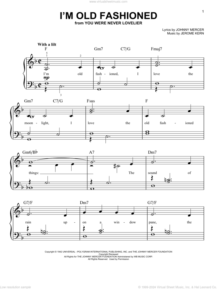 I'm Old Fashioned sheet music for piano solo by Jerome Kern and Johnny Mercer, easy skill level