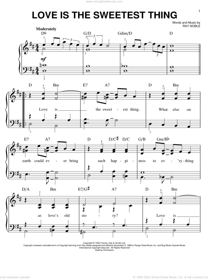Love Is The Sweetest Thing sheet music for piano solo by Ray Noble, easy skill level