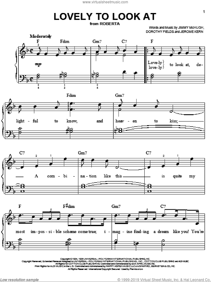 Lovely To Look At sheet music for piano solo by Jerome Kern, Dorothy Fields and Jimmy McHugh, easy skill level