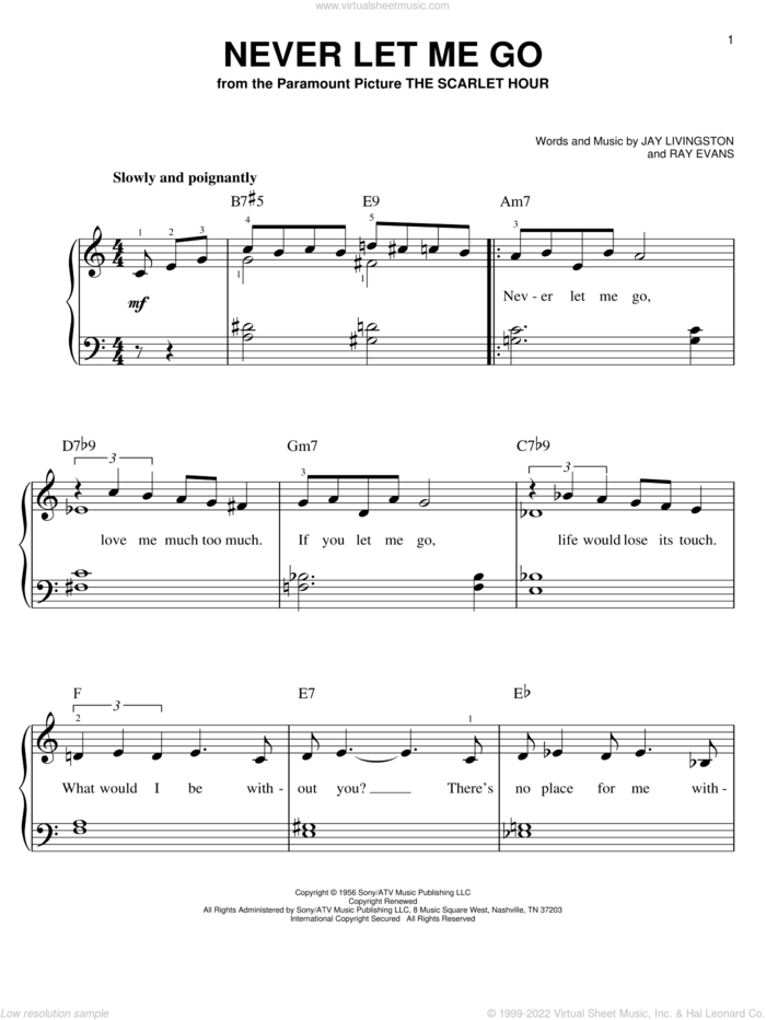 Never Let Me Go sheet music for piano solo by Dinah Washington, Jay Livingston and Ray Evans, easy skill level