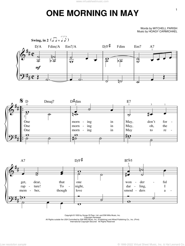 One Morning In May sheet music for piano solo by Hoagy Carmichael and Mitchell Parish, easy skill level
