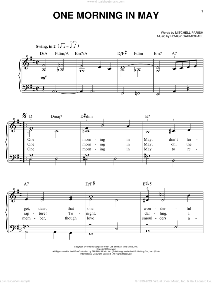 One Morning In May sheet music for piano solo by Hoagy Carmichael and Mitchell Parish, easy skill level