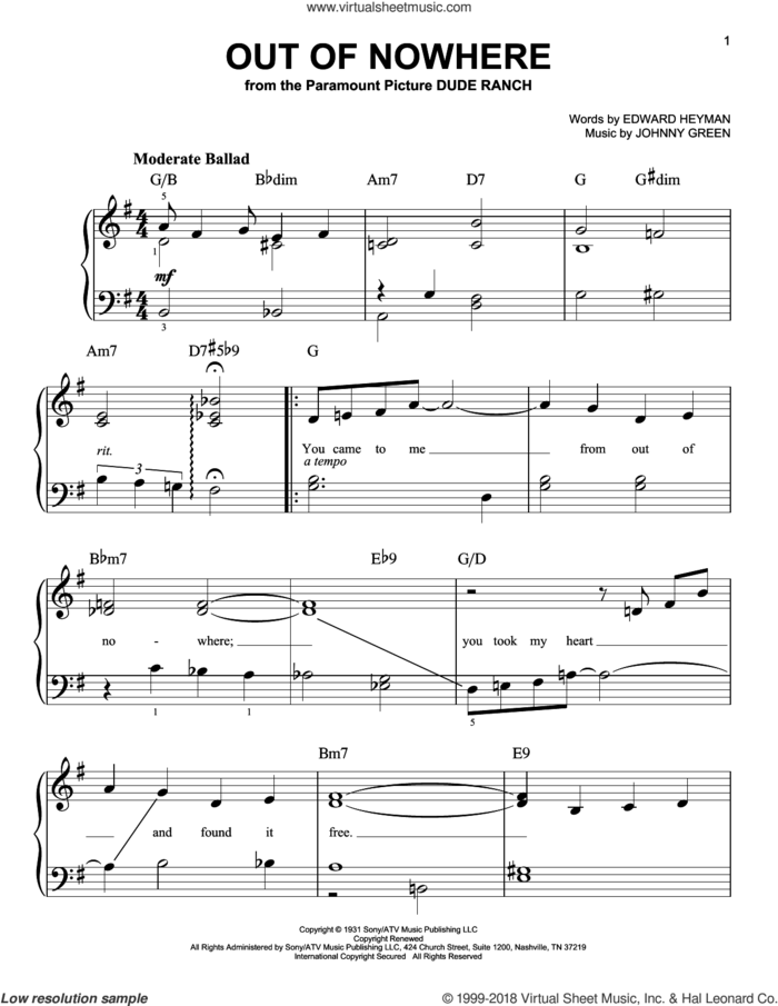 Out Of Nowhere sheet music for piano solo by Edward Heyman and Johnny Green, beginner skill level