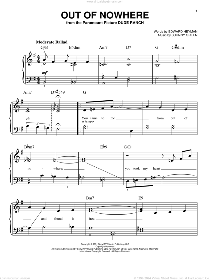 Out Of Nowhere sheet music for piano solo by Edward Heyman and Johnny Green, beginner skill level