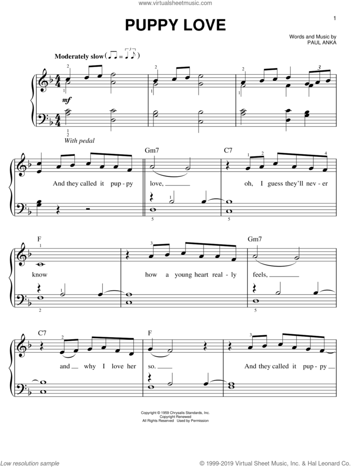 Puppy Love sheet music for piano solo by Paul Anka and Donny Osmond, easy skill level