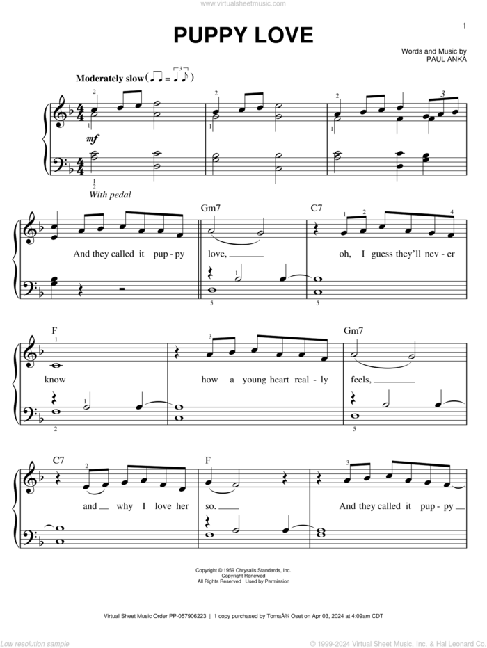 Puppy Love sheet music for piano solo by Paul Anka and Donny Osmond, easy skill level