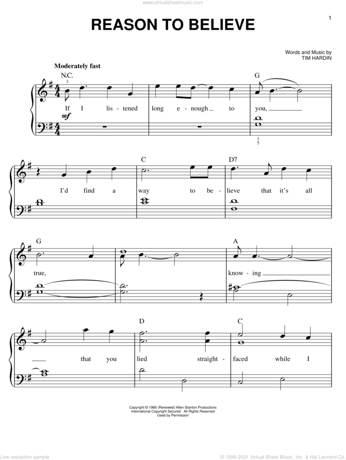 Reason To Believe sheet music for piano solo by Rod Stewart and Tim Hardin, easy skill level