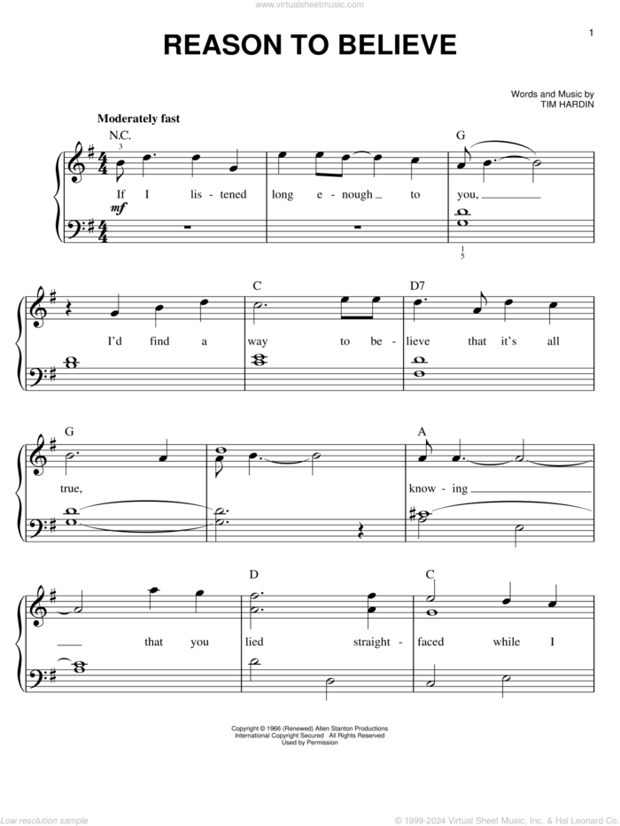 Reason To Believe sheet music for piano solo by Rod Stewart and Tim Hardin, easy skill level