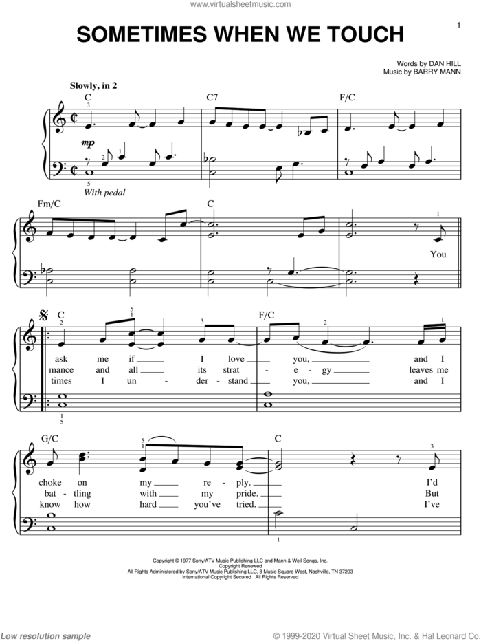Sometimes When We Touch, (easy) sheet music for piano solo by Dan Hill and Barry Mann, wedding score, easy skill level