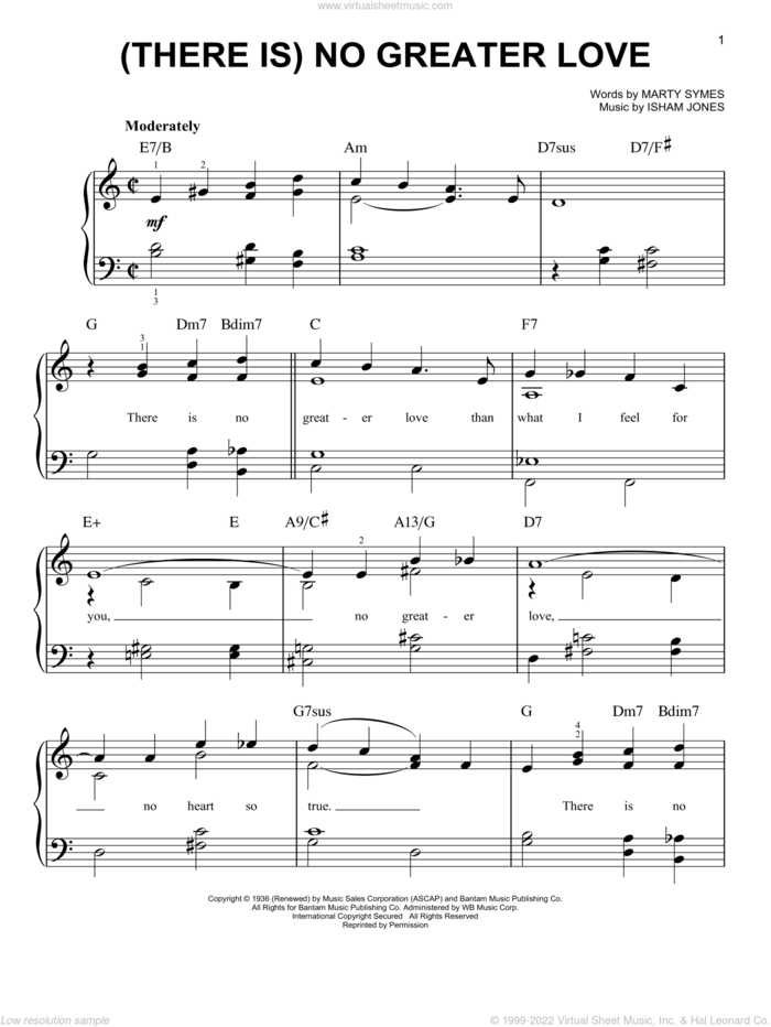 There Is No Greater Love sheet music for piano solo by Isham Jones and Marty Symes, easy skill level
