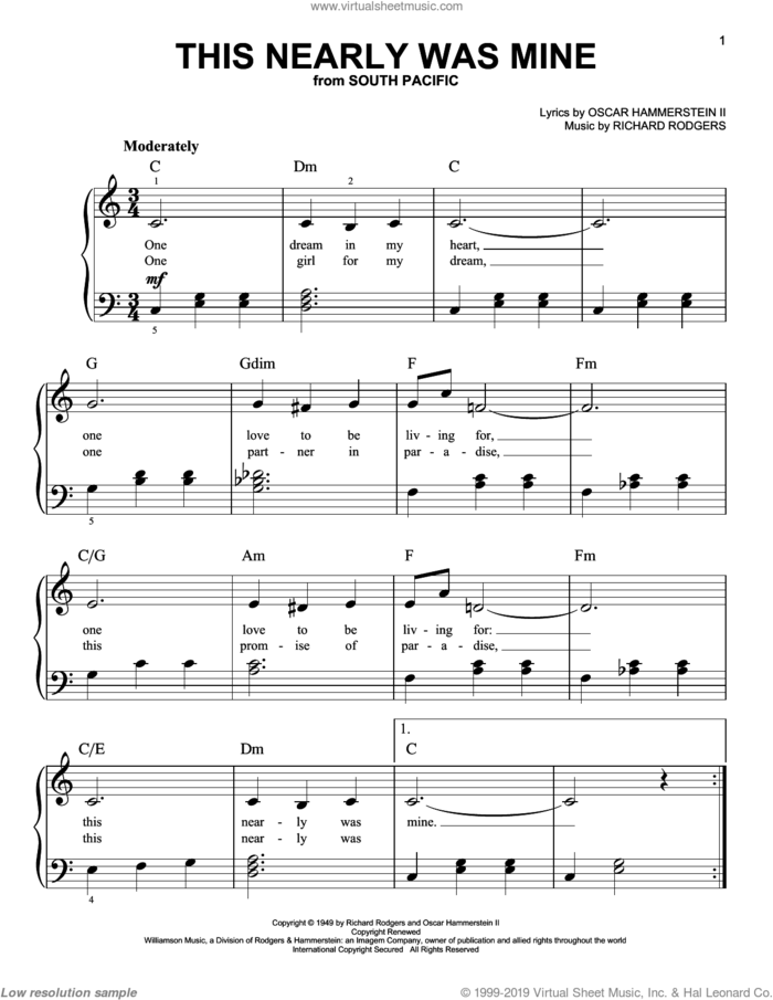 This Nearly Was Mine sheet music for piano solo by Rodgers & Hammerstein, South Pacific (Musical), Oscar II Hammerstein and Richard Rodgers, beginner skill level