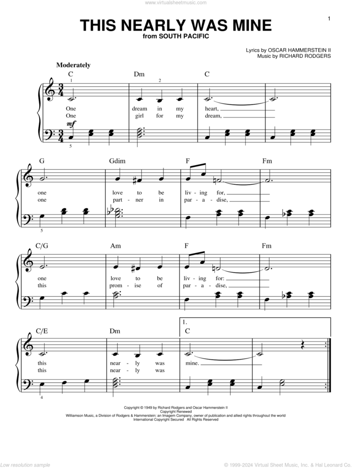 This Nearly Was Mine sheet music for piano solo by Rodgers & Hammerstein, South Pacific (Musical), Oscar II Hammerstein and Richard Rodgers, beginner skill level