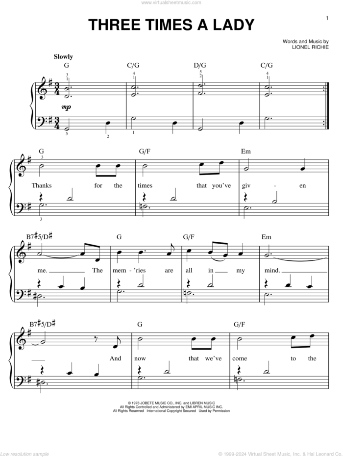 Three Times A Lady, (easy) sheet music for piano solo by The Commodores and Lionel Richie, easy skill level