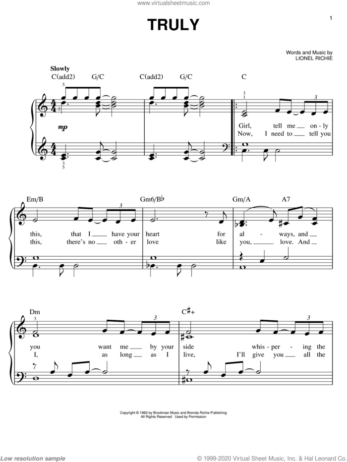 Truly sheet music for piano solo by Lionel Richie, wedding score, easy skill level