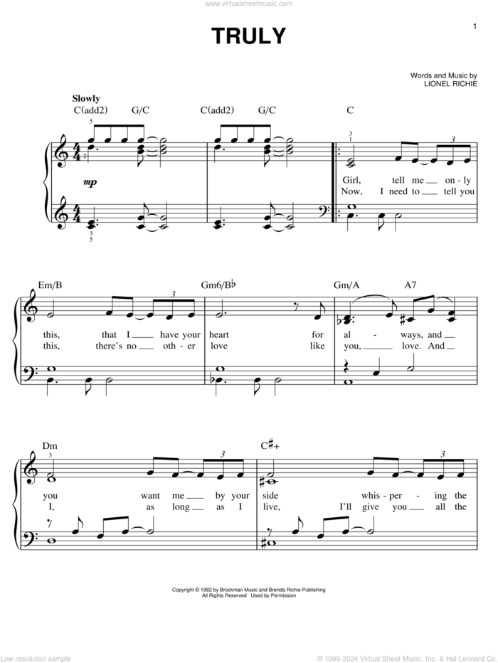 Truly sheet music for piano solo by Lionel Richie, wedding score, easy skill level